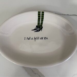 Rae Dunn White Oval Plate with Green and Black Witch Design